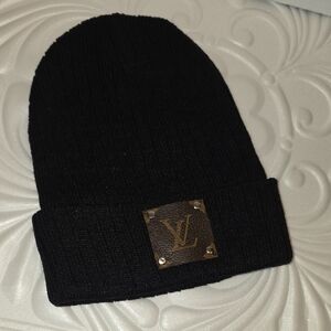 Luzury Logo Upcyle Louis Vuitton Black Knit Hat with Gold Logo